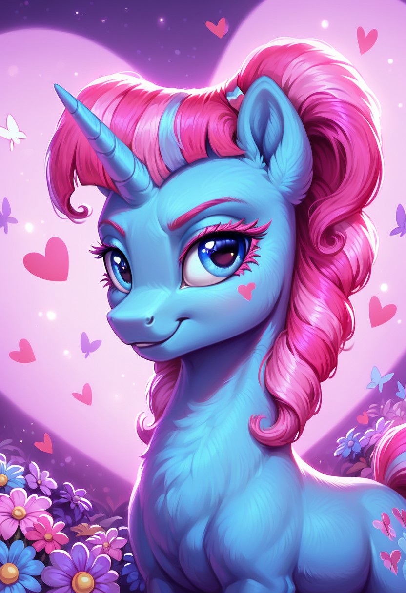 masterpiece, score_9, score_8_up, score_7_up, score_6_up, (best quality:1.1), ultra-detailed, high resolution, (UNICORN PONY)), (SOLO), (1GIRL), (FERAL PONY), ((KIWI LOLLIPOP), (pony nuzzle), ((detailed pink hair with light pink and blue stripe:1.5)), (highly detailed pony face), (highly detailed eyelashes:1.5), (beautiful detailed blue eyes), (detailed blue fur:1.5), (smirking), ((highly detailed purple pink heart shaped stage  background:1.5)), (purple pink flowers:1.5), (pink purple stage lights:1.5), (purple pink butterflies:1.5), high quality, sharp, the quality of ai art is frightening, highly detailed, Highly Visible, sharp focus, high detail, detailed background,