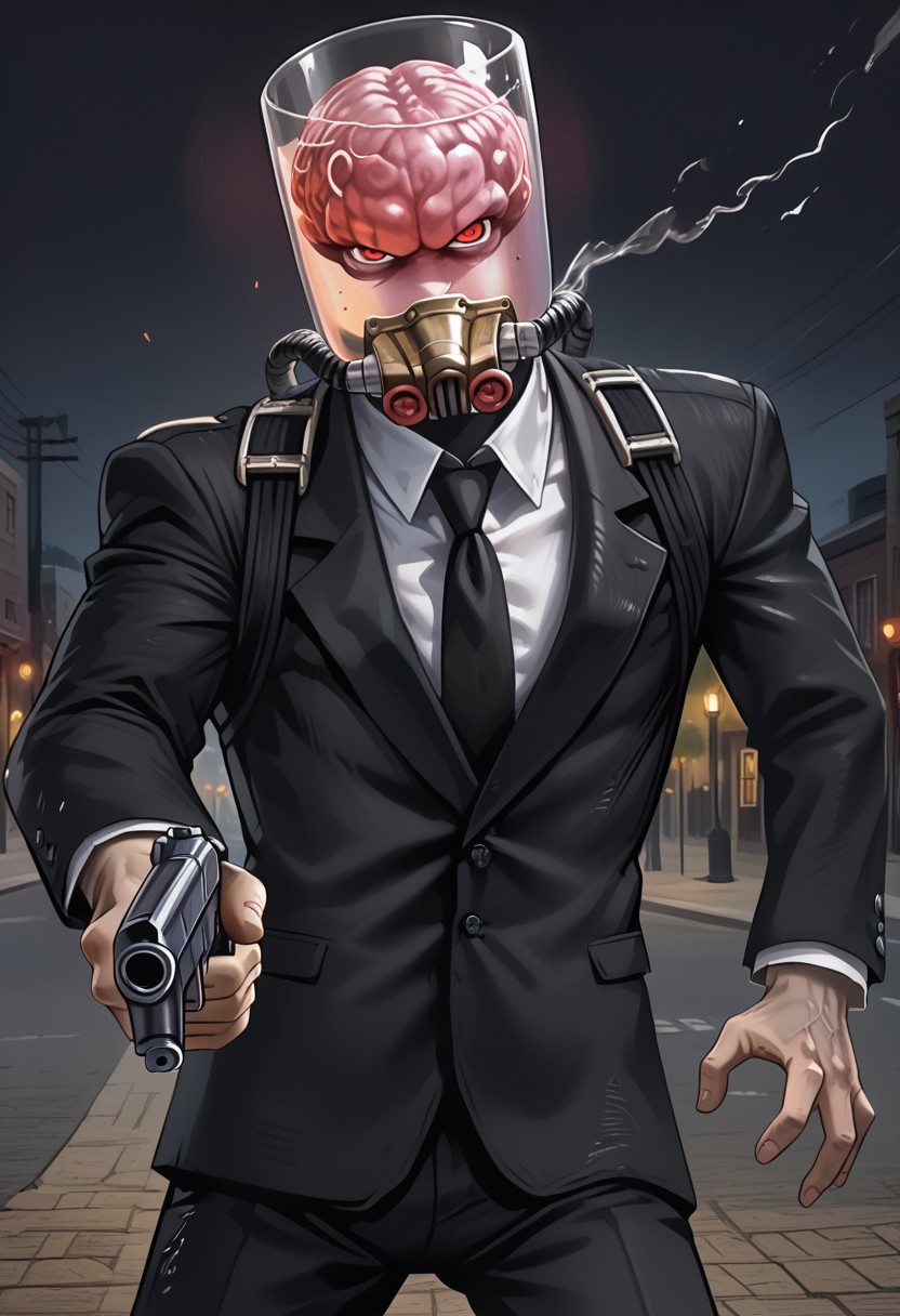 Detailed, masterpiece,  pulp cover art,  dhfred in dynamic pose, action pose, holding gun, black suit, 1boy, , solo