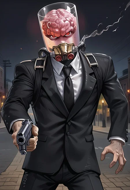 Detailed, masterpiece,  pulp cover art,  dhfred in dynamic pose, action pose, holding gun, black suit, 1boy, , solo