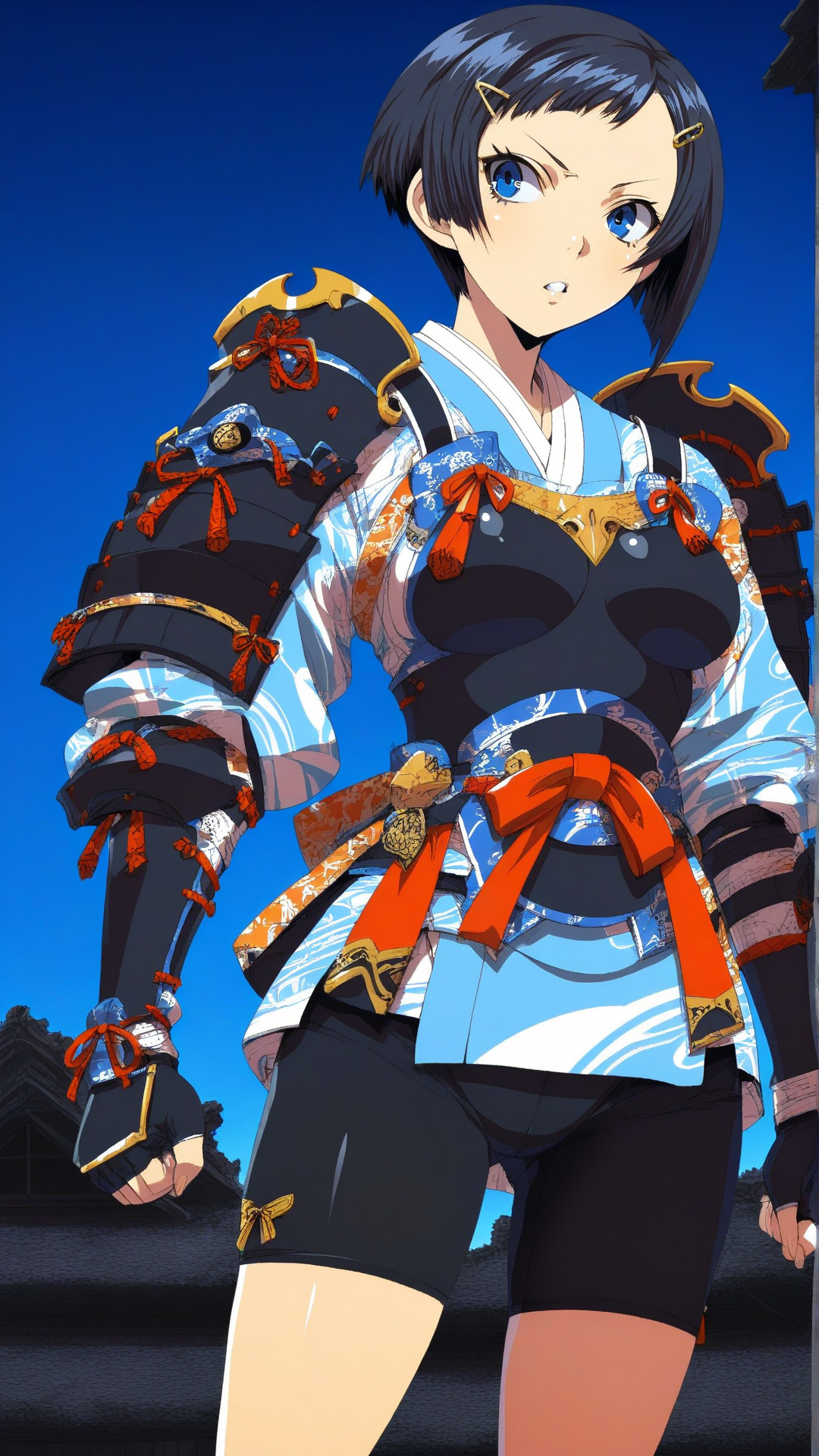 masterpiece, best quality, anime coloring, ruin, shine
1girl,solo, 
 <lora:Ai-Naoe_lL_v01:1> ai-naoe, japanese armor, black short hair, blue eyes, hair ornament, japanese clothes, shoulder armor, hairclip, gloves, bike shorts, samurai, fingerless gloves, medium breasts, (bangs:0.8)