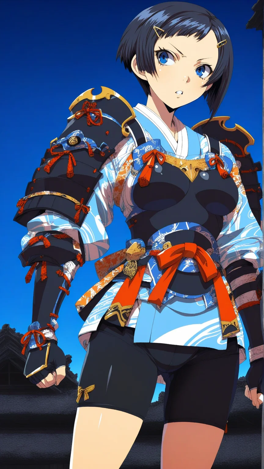 masterpiece, best quality, anime coloring, ruin, shine
1girl,solo, 
 <lora:Ai-Naoe_lL_v01:1> ai-naoe, japanese armor, black short hair, blue eyes, hair ornament, japanese clothes, shoulder armor, hairclip, gloves, bike shorts, samurai, fingerless gloves, medium breasts, (bangs:0.8)