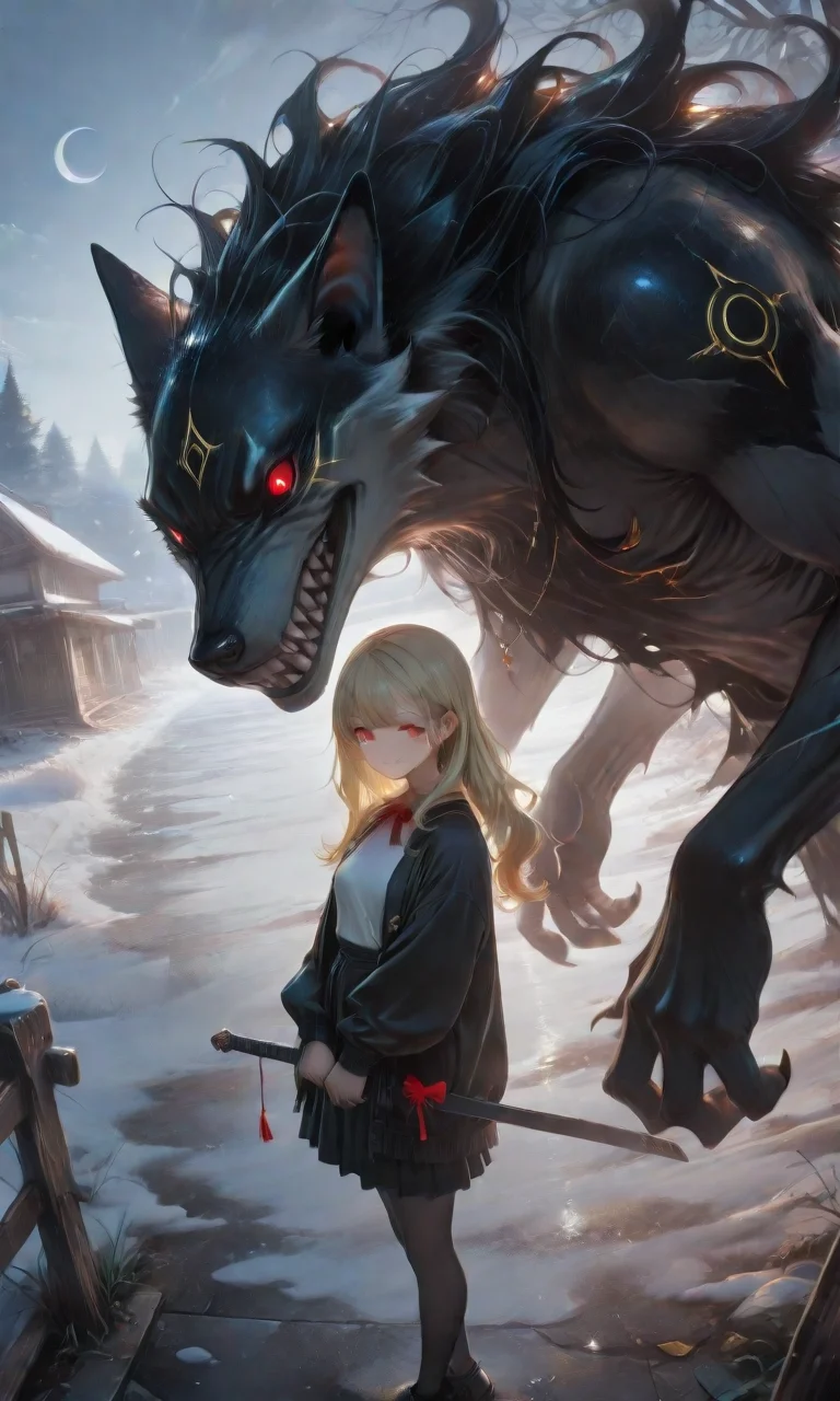 <lora:LCMV2-PONYplus-PAseer:1>
<lora:illustriousXL_stabilizer_v1.72:1>
<lora:DetailedEyes_V3:1>
<lora:Nightmare_Paralized_IL:1>
1girl, bangs, black dress, black footwear, black jacket, black legwear, blonde hair, breasts, building, crescent moon, day, eye focus, facing away, fence, from above, glowing, gun, holding, jewelry, long hair, long sleeves, looking to the side, monster, open clothes, outdoors, pantyhose, red bow, red eyes, sharp teeth, skirt, sky, smile, snow, solo, standing, sword, t-shirt, v arms, weapon, wolf