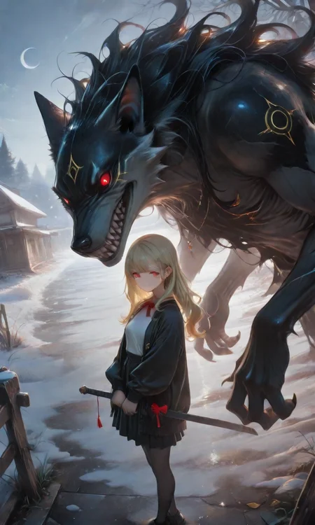 <lora:LCMV2-PONYplus-PAseer:1>
<lora:illustriousXL_stabilizer_v1.72:1>
<lora:DetailedEyes_V3:1>
<lora:Nightmare_Paralized_IL:1>

1girl, bangs, black dress, black footwear, black jacket, black legwear, blonde hair, breasts, building, crescent moon, day, eye focus, facing away, fence, from above, glowing, gun, holding, jewelry, long hair, long sleeves, looking to the side, monster, open clothes, outdoors, pantyhose, red bow, red eyes, sharp teeth, skirt, sky, smile, snow, solo, standing, sword, t-shirt, v arms, weapon, wolf