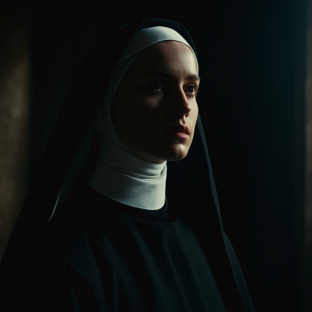 cinematic film still of  <lora:Low-key lighting Style:1>
dim light, low light, dramatic light, partially covered in shadow, a nun standing in a dark room with a light shining on her face Low-key lighting Style,1girl,solo,indoors,nun,dark,habit, shallow depth of field, vignette, highly detailed, high budget, bokeh, cinemascope, moody, epic, gorgeous, film grain, grainy