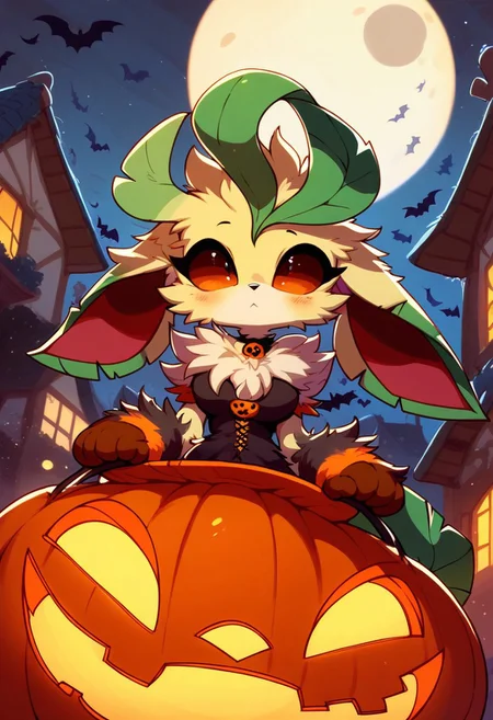 score_9,score_8_up,score_7_up, 1girl, pokemon creature, no humans, feral, furry, leafeon, halloween costume, house with halloween decoration, halloween, big moon on sky, moon with skull face, MegaFluffyPony, furry, fluffy
