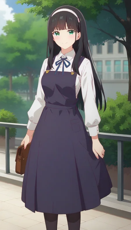 score_9,score_8_up,score_7_up,score_6_up BREAK official art,solo,outdoors,cowboy shot,looking at viewer,facing viewer,smile,blush,Yomiuri Shiori,long hair,black hair,straight hair,white hairband,sidelocks,blunt bangs,green eyes,school uniform,neck ribbon,blue ribbon,pinafore dress,purple dress,long dress,white shirt,collared shirt,dress shirt,buttons,long sleeves,medium breasts,black socks,loafers,<lora:Yomiuri Shiori(gs)-Pony:1.4>,