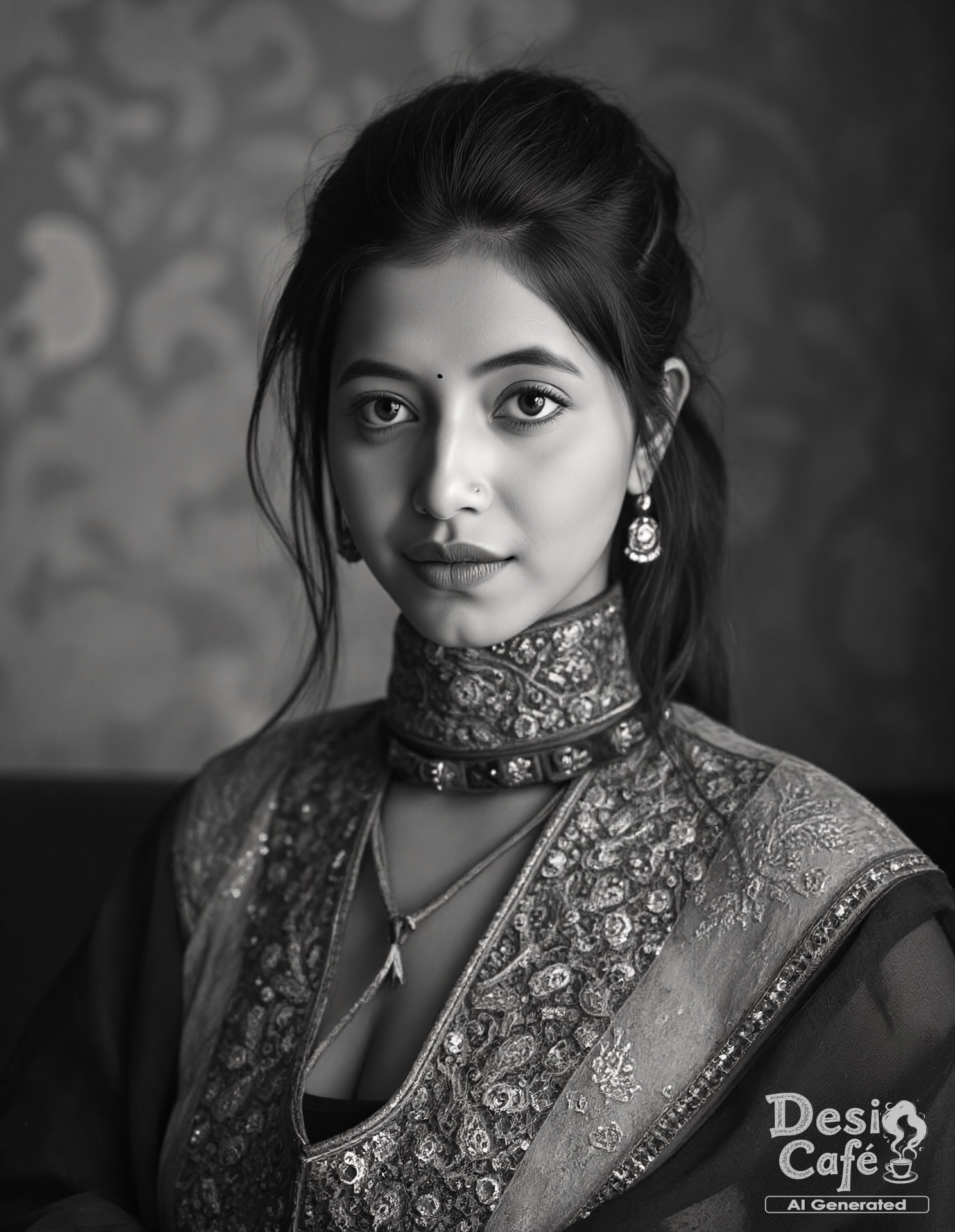 vintage greyscale photo of Alisha Parveen woman, hyper realistic photo that is safe for work,  studio quality image, well dressed wearing intricate turtleneckMekhela Chador (Assamese traditional attire), hair styled as messy hair,muted shaded wallpaper background that contrasts with the person, cinematic lighting,âââââ <lora:Alisha_Parveen_Flux_Kohya_V1:1>âââ