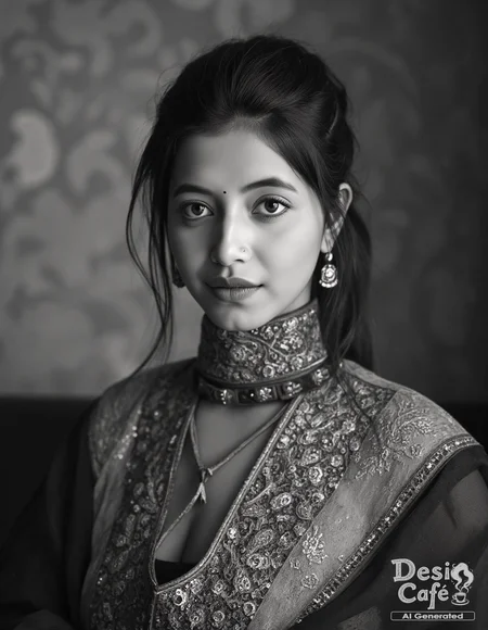 vintage greyscale photo of Alisha Parveen woman, hyper realistic photo that is safe for work,  studio quality image, well dressed wearing intricate turtleneckMekhela Chador (Assamese traditional attire), hair styled as messy hair,muted shaded wallpaper background that contrasts with the person, cinematic lighting,âââââ <lora:Alisha_Parveen_Flux_Kohya_V1:1>âââ