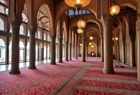<lora:pytorch_lora_weights_361535:1>,(masterpiece, best quality, hires, high resolution, beautiful, aesthetic, perfect, delicate, HDR, 32k, extremely intricate details),
A amazing  street photography of In the women's prayer balcony of a large Turkish mosque, slender columns, carved railings, patterned carpets, and panoramic views over the main hall. (evening lanterns:1.2) and (ceiling lights:1.1) create a tranquil atmosphere during prayer.,