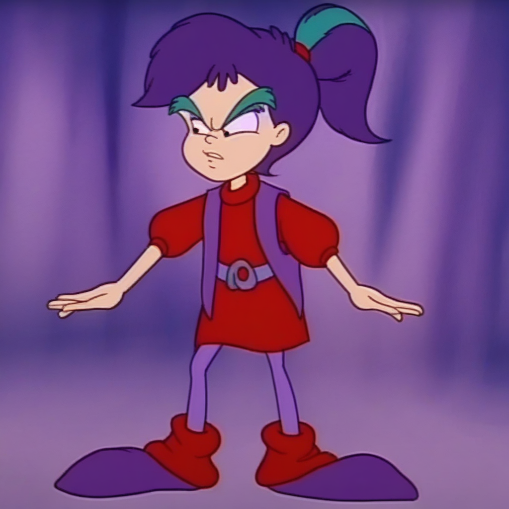 solo, green stripe in ponytail, shreekycb, red sweater, purple tights, red hair tie, purple vest, purple hair, ponytail, red legwarmers, green eye brows, black eyes, purple eyeshadow