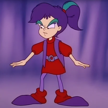 solo, green stripe in ponytail, shreekycb, red sweater, purple tights, red hair tie, purple vest, purple hair, ponytail, red legwarmers, green eye brows, black eyes, purple eyeshadow
