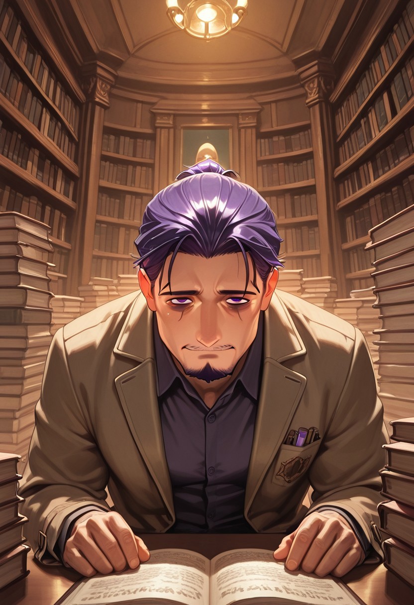 1boy, mbti_intp, mature man, purple eyes, droopy eyes, eye bags, tied hair, goatee, sitting in a vintage library, surrounded by stacks of books, wearing a tweed jacket, reading a weathered tome, a slight, knowing smile, warm lamplight, rich wood tones, scholarly atmosphere, aesthetically pleasing details