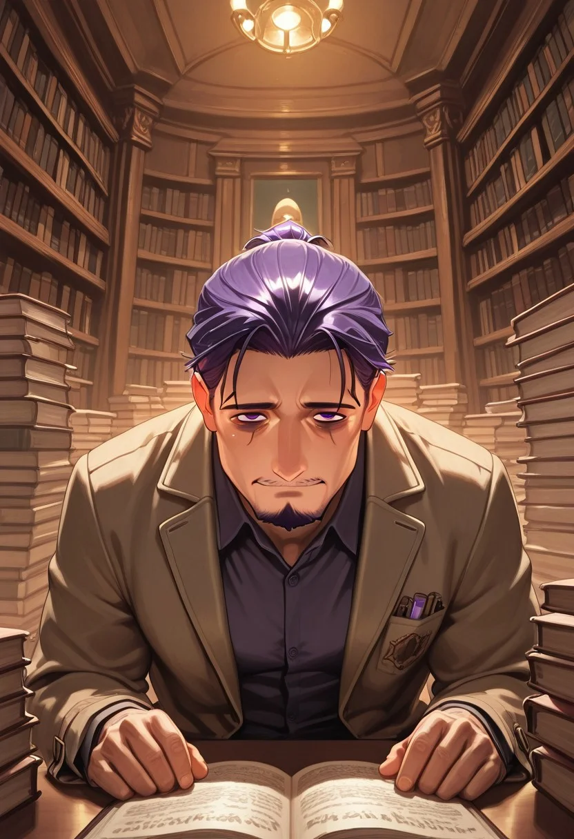 1boy, mbti_intp, mature man, purple eyes, droopy eyes, eye bags, tied hair, goatee, sitting in a vintage library, surrounded by stacks of books, wearing a tweed jacket, reading a weathered tome, a slight, knowing smile, warm lamplight, rich wood tones, scholarly atmosphere, aesthetically pleasing details