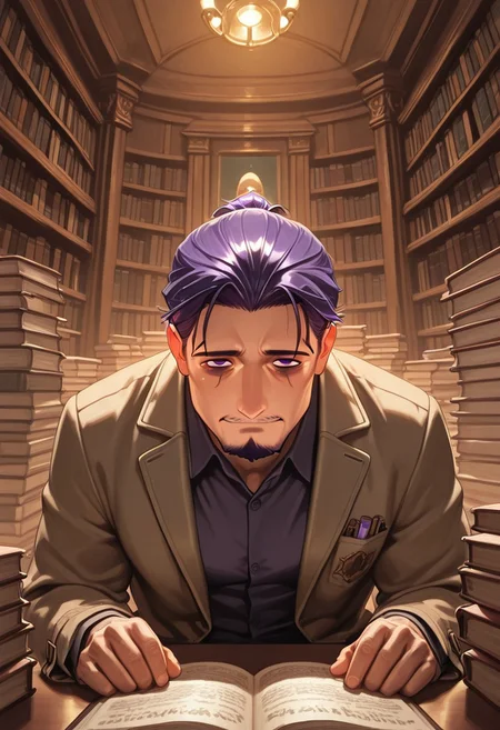 1boy, mbti_intp, mature man, purple eyes, droopy eyes, eye bags, tied hair, goatee, sitting in a vintage library, surrounded by stacks of books, wearing a tweed jacket, reading a weathered tome, a slight, knowing smile, warm lamplight, rich wood tones, scholarly atmosphere, aesthetically pleasing details