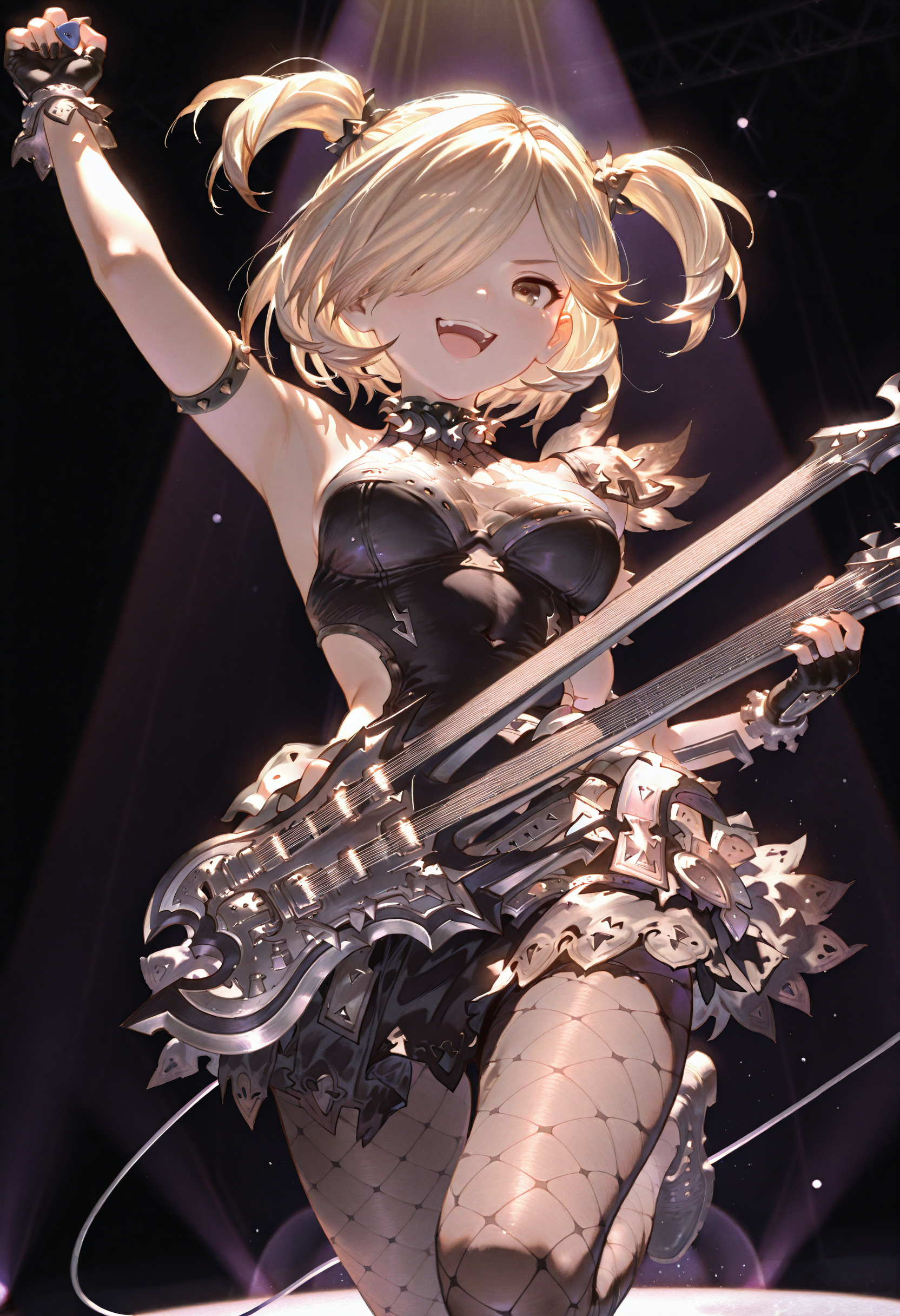 masterpiece, best quality, amazing quality, very aesthetic, high resolution, absurdres, anime,
photo background, photography \(artwork\), photo \(medium\), detailed, detailed background, detailed clothing, detailed hair, detailed eyes, wrinkles, skin folds, intricate, volumetric lighting, dramatic lighting, backlighting, very awa, very aesthetic, dynamic,
dark background, on stage, spotlight, 
1girl, solo, happy, smile, open mouth, jumping, 
djeeta \(granblue fantasy\), djeeta \(rising force\), 
blonde hair, twintails, hair over one eye, 
guiter, (electric guiter, plectrum:1.2), 
black dress, black skirt, black fishnet pantyhose, 
fingerless gloves, black nail, 
<lora:TrendCraft_The_Peoples_Style_Detailer-v2.3I-4_16_2025-Illustrious:0.5> 
<lora:Djeeta_Rising_Force_Granblue_Fantasy:1>