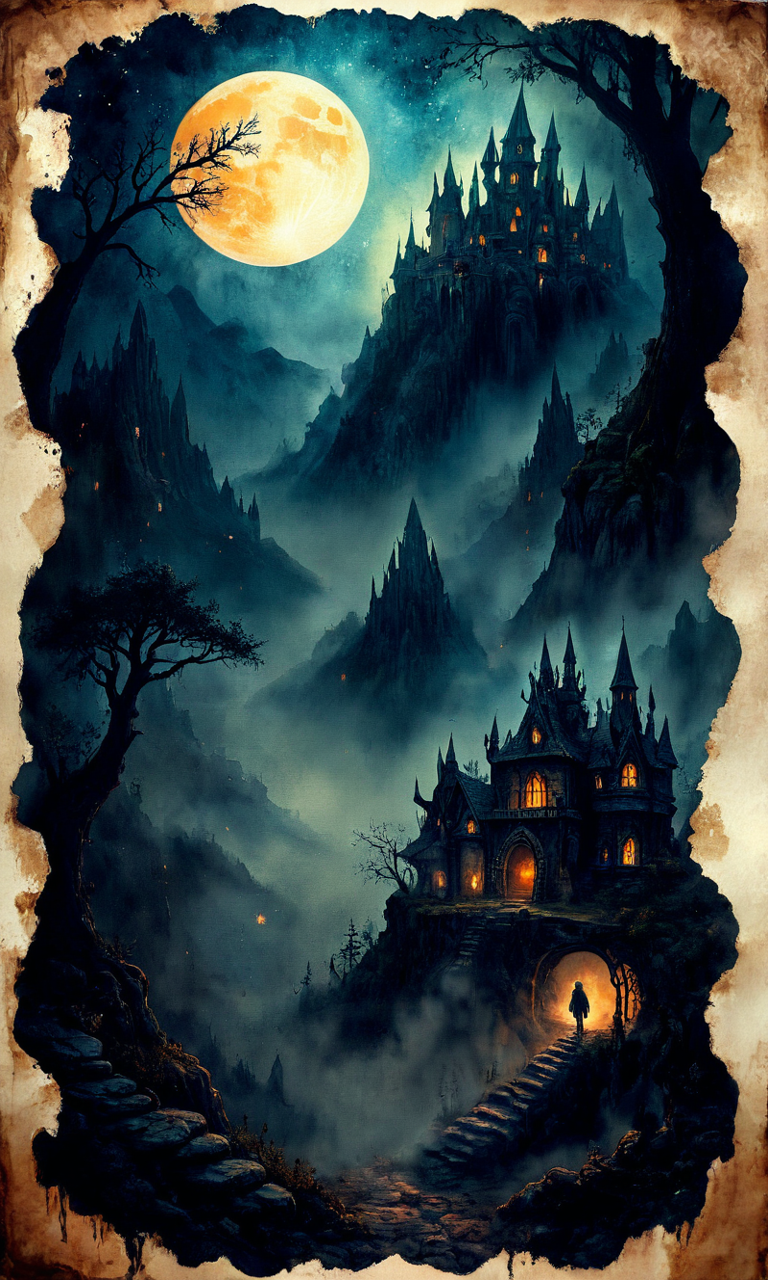 Lost Land of otherworldly dreams, fantasy, magic, watercolor, ink, acrylic, double exposure, mythological, great detail, mid-night, moon, fog, gothic gloom, art on a cracked paper, storybook detailed illustration, cinematic, ultra highly detailed, tiny details, beautiful details, mystical, luminism, vibrant colors, detailmaximizer, flux-style, midjourneyv6.1