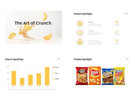 This set of four images displays a crisp and modern PowerPoint template for a presentation on potato chips; [IMAGE1] introduces the title âThe Art of Crunchâ with a dynamic splash of golden chips in mid-air on a clean white background; [IMAGE2] organizes sections like âHistory,â âVarieties,â and âProduction Processâ with fun, snack-themed icons; [IMAGE3] features a bar graph comparing the popularity of different chip flavors; [IMAGE4] showcases a product spotlight slide with close-ups of chips in unique packaging styles.