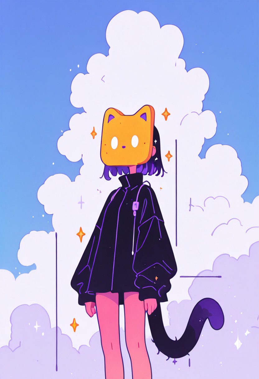 masterpiece, best quality, good quality, newest, highres, absurdres, solo, a digital anime-style drawing of toast bread shaped mask like cat with cord use a tail,  standing against a blue sky with white clouds and sparkles. blank eyes,The art style is clean and cartoony, with bold lines and bright vibrant theme colors