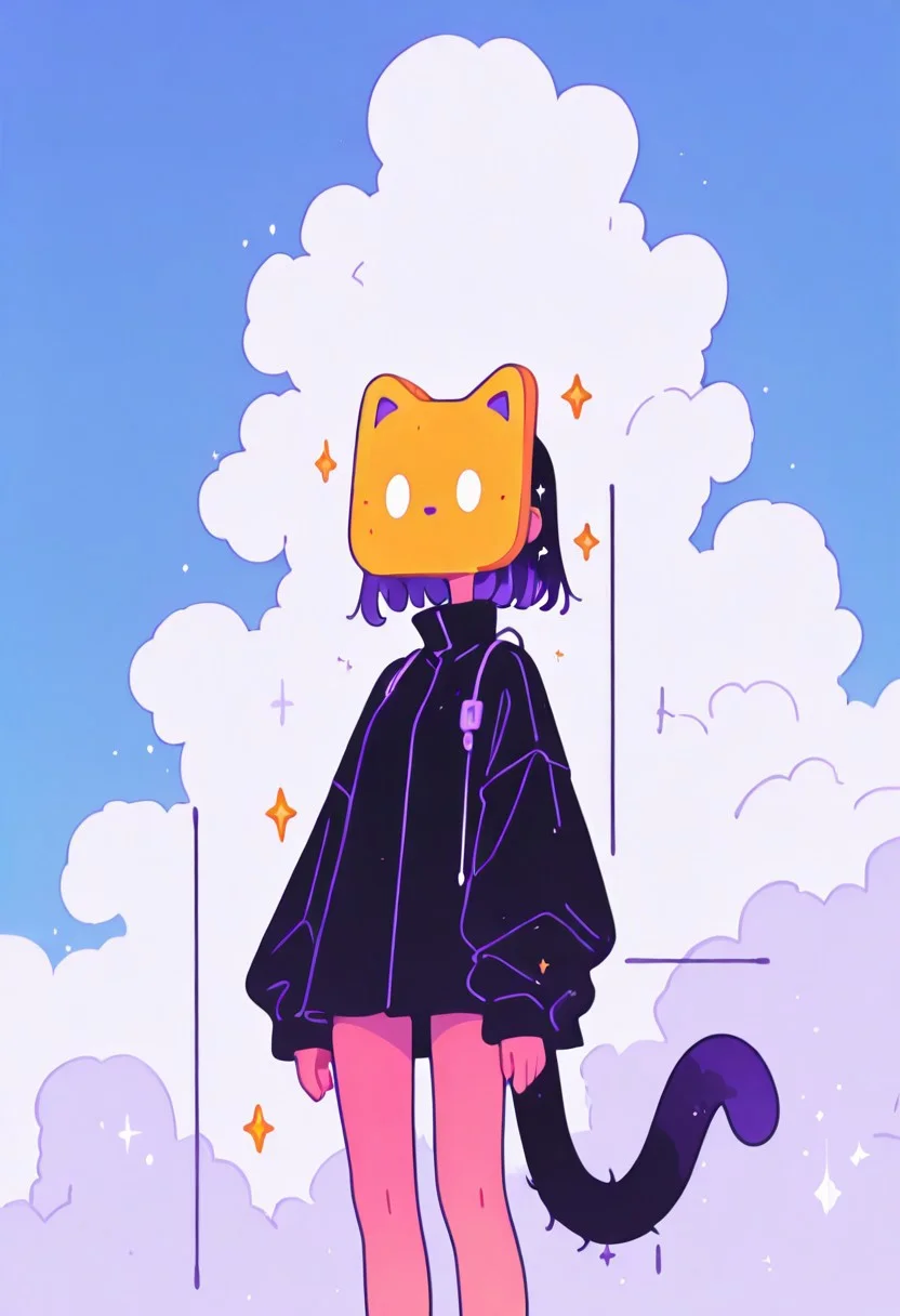 masterpiece, best quality, good quality, newest, highres, absurdres, solo, a digital anime-style drawing of toast bread shaped mask like cat with cord use a tail,  standing against a blue sky with white clouds and sparkles. blank eyes,The art style is clean and cartoony, with bold lines and bright vibrant theme colors