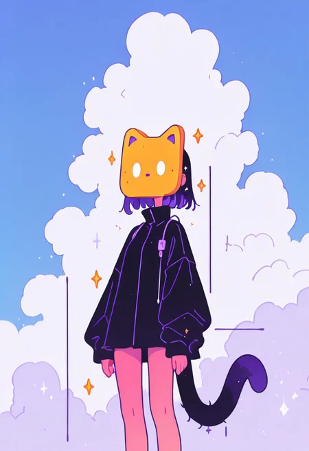 masterpiece, best quality, good quality, newest, highres, absurdres, solo, a digital anime-style drawing of toast bread shaped mask like cat with cord use a tail,  standing against a blue sky with white clouds and sparkles. blank eyes,The art style is clean and cartoony, with bold lines and bright vibrant theme colors