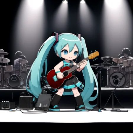 (masterpiece, best quality:1.2), <lora:AKTEST-03:1> chibi, hatsune miku, stage, idol, song note, full body, microphone stand, (flat shading:1.1)