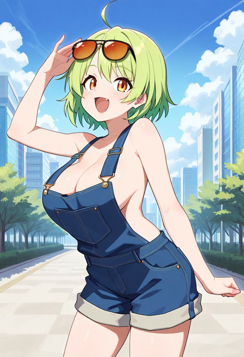 1girl, solo, large breasts, short hair, smile, open mouth, happy, fang, green hair, yellow eyes, BREAK blue overalls, baggy clothes, nude overalls, sunglasses on forehead, BREAK cool pose, outdoors, colorful, city, BREAK ((ultra-detailed)), ((best quality)), ((beautiful eyes)), ((extremely detailed)), 4K, (8K), best quality, (beautiful), Master piece, highres, best quality, official art, highres, masterpiece, detailed background, high quality background,