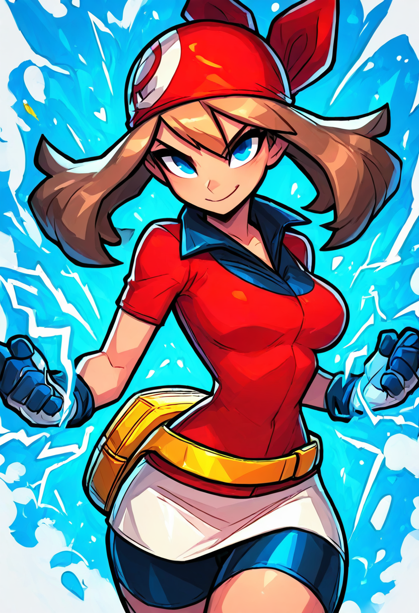 (masterpiece, best quality, good quality, very aesthetic, absurdres, newest:1.2), (curvy, medium breasts),  zzMay, solo, brown hair, blue eyes, medium hair,  red shirt, bike shorts, red bandana, red shirt, gloves, white miniskirt, yellow belt,  <lora:MayPokemon_NAI:1.0>,, smile, looking at viewer, cowboy shot,  aura, energy, electricity, dynamic pose, ,<lora:EnergyCAT_NAI:1.0>,