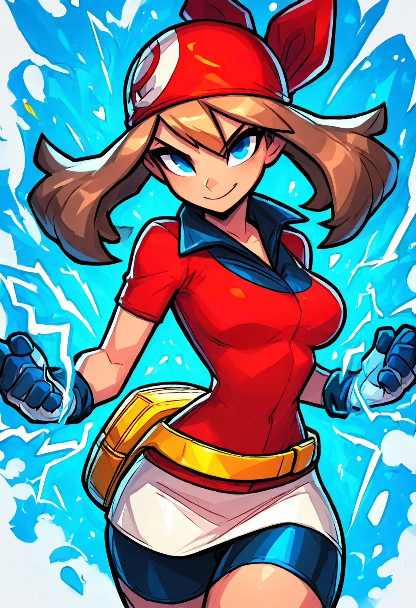 (masterpiece, best quality, good quality, very aesthetic, absurdres, newest:1.2), (curvy, medium breasts), zzMay, solo, brown hair, blue eyes, medium hair, red shirt, bike shorts, red bandana, red shirt, gloves, white miniskirt, yellow belt, <lora:MayPokemon_NAI:1.0>,, smile, looking at viewer, cowboy shot, aura, energy, electricity, dynamic pose, ,<lora:EnergyCAT_NAI:1.0>,