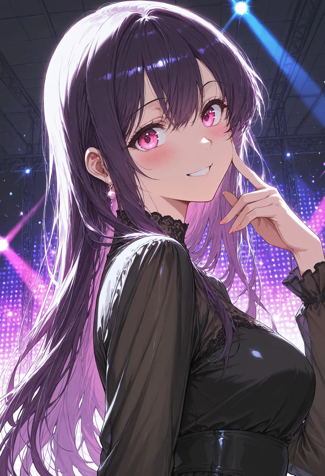8k,best quality,masterpiece,(ultra-detailed),(high detailed skin),colorful, best quality, 2d, perfect anatomy, score_9, score_8_up, score_7_up, score_6_up, source_anime, rating_explicit, smile, blush, purple hair, long hair, pink eyes, medium breast, black dress, looking viewer, disco decor, focus on eyes, close-up of a girl's face, side view