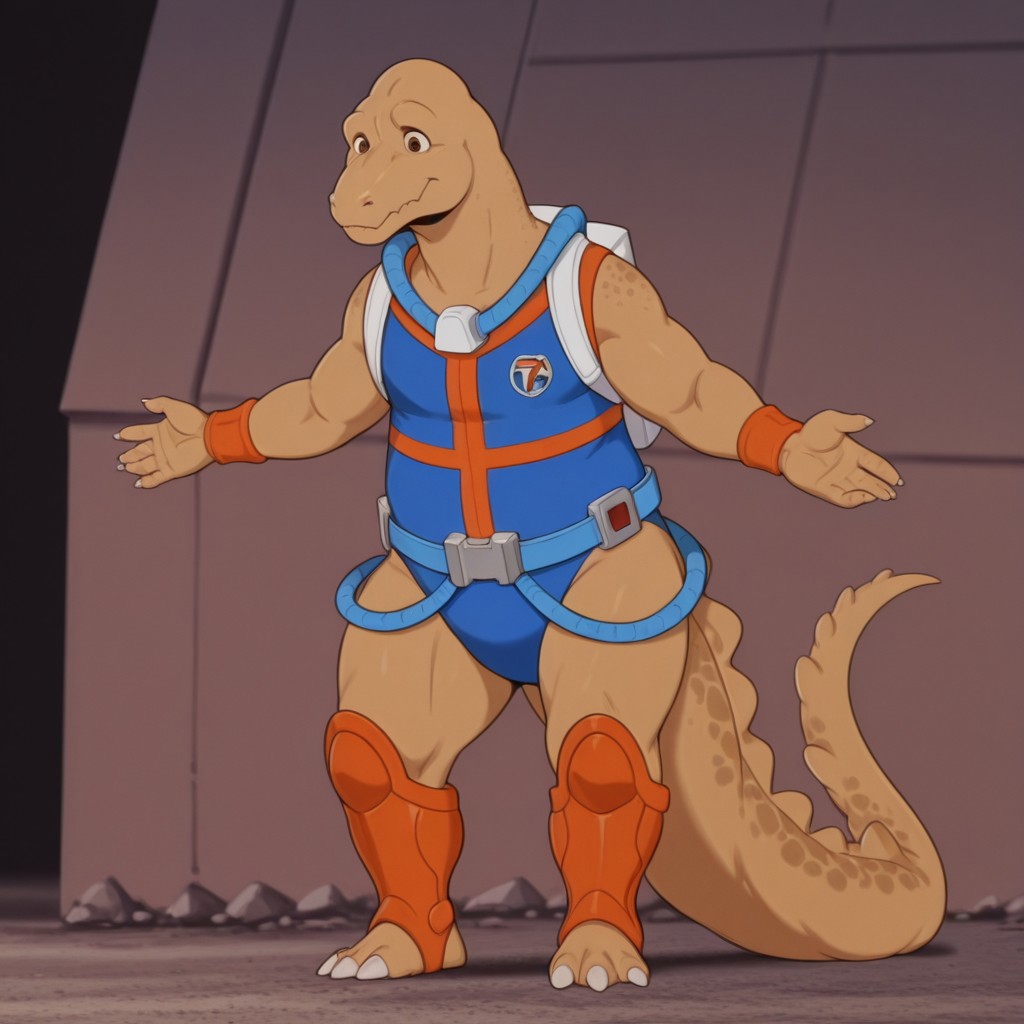 masterpiece, best quality, amazing quality,  boneheadDSil, anthro, male, Pachycephalosaurus, tan skin, brown eyes,blue leotard, orange trim, belt, hoses, orange wristbands, orange greaves, white backpack, outside, 1boy, male focus, solo