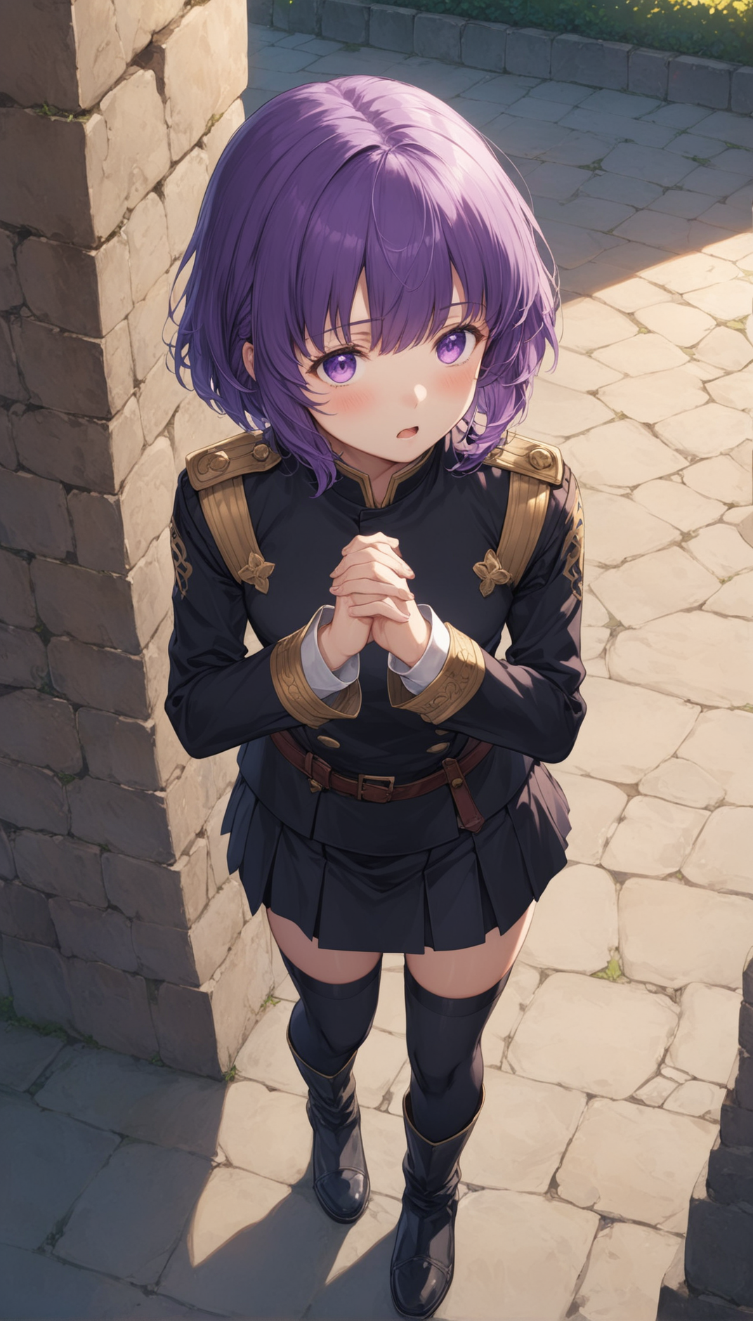 fire_emblem_heroes_xl, bernadetta, 1girl, (shy:1.4), blush, bernadetta von varley, solo, garreg mach monastery uniform, purple hair, bike shorts, boots, full body, short hair, open mouth, purple eyes, uniform, long sleeves, knee boots, black footwear, black pleated skirt, thighhighs, looking away, own hands clasped,
in a castle training square, 8K, soft focus, (depth of field, bokeh:1.3),
very aesthetic, highres, intricate detail, cinematic lighting, amazing quality, amazing shading, detailed Illustration, official artwork, wallpaper,
extremely detailed eyes and face, beautiful detailed eyes,
from above, 
<lora:aesthetic_anime_v1s:1>
<lora:Fire_Emblem_Style:1>