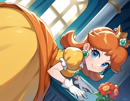 score_9, score_8_up, score_7_up, source_anime,
princessdaisy, <lora:princess-daisy-ponyxl-lora-nochekaiser:1>,
princess daisy, blue eyes, long hair, orange hair,
crown, daisy, dress, flower, gem, gloves, orange dress, puffy short sleeves, puffy sleeves, short sleeves, white gloves,
indoors, castle, bent over, smile,
looking at viewer, cowboy shot, dutch angle,