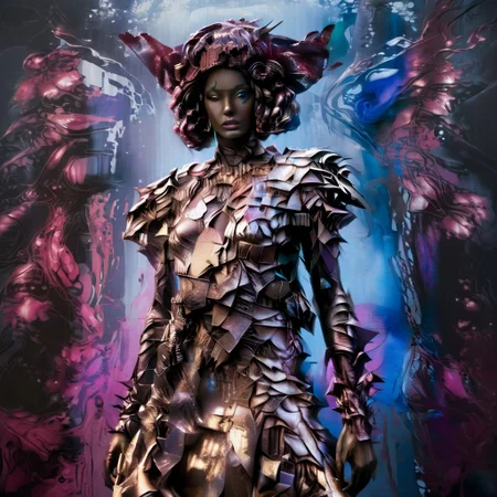 ull body,a beautiful alien woman with roses in her hair, grey skin and blue eyes, long neck, smooth body shape, metallic background, high resolution, high detail, hyper-realistic, cinematic, dramatic lighting.
realistic, realism, hyperrealism, high resolution, high quality, fashion photography, detailed skin texture, beautiful female, wear multicolor balenciaga style clothes made of colorful melting jelly, wear avant-garde style clothes, lots of glitter, sunlight, fashionable, colorful melting and flowers background, dramatic mood