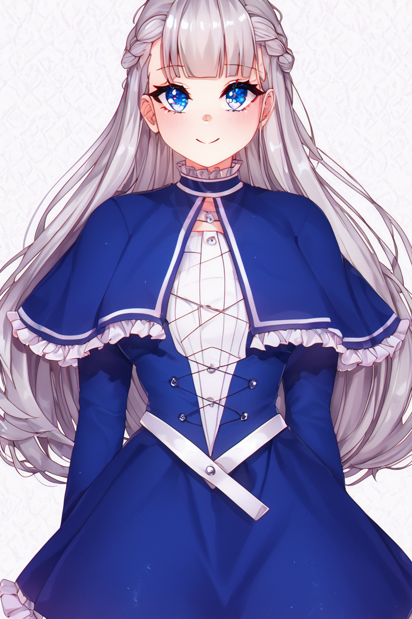 score_9, score_8_up, score_8, medium breasts, (curvy), cute, eyelashes,       BREAK, , zzLawine, long hair, braid, blue eyes, blunt bangs, grey hair, french braid, blue capelet, blue dress, long sleeves, frilled capelet,  <lora:LawineFrieren_PDXL_v1:0.8>, , BREAK, smile, closed mouth, looking at viewer, cowboy shot, ,,, embedding:zPDXL, Expressiveh, ,,, <lora:Puppypaww_Style_PDXL_v2:0.8>, <lora:SDXLFaeTastic2400:0.5>, <lora:Expressive_H-000001:0.4>,