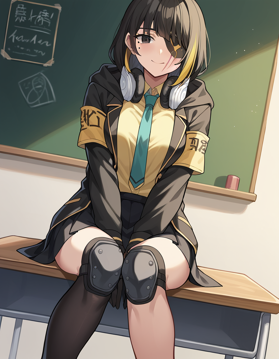 score_9, score_8_up, score_7_up, source_anime, <lora:girlsfrontline-m16a1-ponyxl-lora-nochekaiser:1>, m16a1, black hair, long hair, black eyes, streaked hair, yellow hair, bangs, braid, braided ponytail, eyepatch, mole, mole under eye, scar, scar on face,, armband, asymmetrical legwear, black gloves, black jacket, black legwear, black skirt, buttons, gloves, headphones, headphones around neck, hood, hooded jacket, jacket, knee pads, necktie, skirt, strap, unevent legwear, shirt, yellow shirt, hood down, mature female, medium breasts,, classroom, desks, chalkboard, students, teacher, smile, hands on own knees, looking at viewer, solo,, dutch angle, cowboy shot