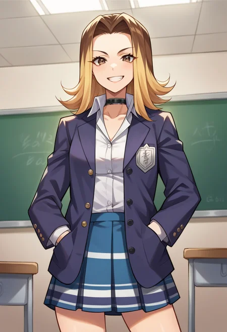 score_9, score_8_up, score_7_up, source_anime BREAK 1girl, solo, <lora:zs_YumiXL:1> yumiif, blazer, shirt, pleated skirt, choker, multicolored hair, blonde hair, brown hair, socks, classroom, looking at viewer, smile, standing