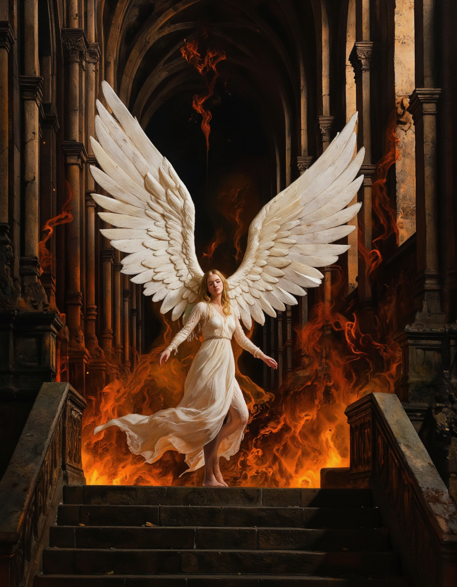A dark fantasy theme. A photo-realistic shoot from below about a mystical angel with large white wings floating in a fiery, ancient setting. the image also shows a woman in the middle of the image, who appears to be in her mid-twenties, with long, flowing blonde hair and a serene expression. she is wearing a white, long-sleeved dress that flows gracefully around her body, and her wings are spread wide, giving her an ethereal appearance. the woman is standing on a set of stone stairs in a dimly lit, gothic cathedral with tall, arched pillars, surrounded by a warm, orange glow from the flames and smoke. her eyes are closed, and she is looking directly at the viewer, giving a sense of calmness and serenity. her body is slim and her expression is calm, with a hint of mystery. the overall mood is mystical and captivating, with the woman's wings and the fiery background adding to the sense of power and majesty.
