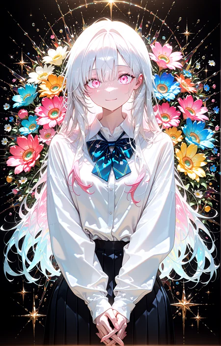 masterpiece, best quality, amazing quality, very aesthetic, absurdres, newest,
abstract,fusion of liquid abstract art and glitch,colorful,white_background,floral background, sparkle,light,gold
1girl,long hair,facelight,shirt,bowtie white hair , pink eyes,
standing, (from front:1.5) very close-up (upper body:0.71)
looking_at_viewer,v arms open_hands,cupping_hands
{{best_quality}},{{amazing_quality,very_aesthetic}},
masterpiece, best quality, amazing quality, very aesthetic, absurdres, newest, volumetric lighting,<lora:spo_sdxl_10ep_4k-data_lora_webui:1> <lora:KonyaKarasue-Lokr-NOOBEPS110:1> <lora:VenetianLightingILL:0.99>light_smile <lora:il_color_temp_slider_d1:0.25> <lora:holographiccolor:0.115>