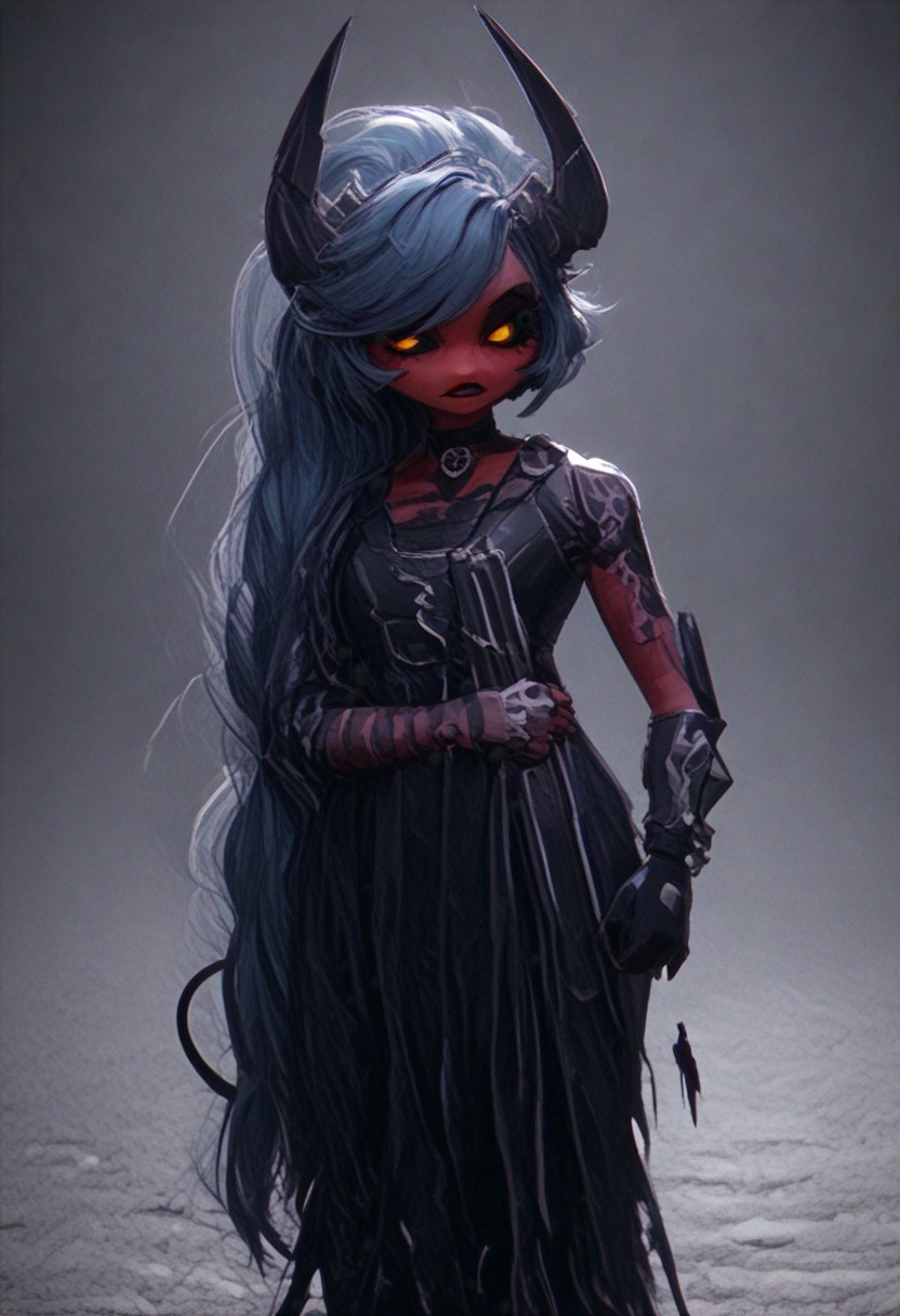 (score_9, score_8_up, score_7_up), PRSNL_3_1, HCSV1, illustration, ((cartoon)), hand drawn, ((masterpiece)), (furry art, uploaded on e621, 4k, fine details, (subtle soft details), (female), ((imp)), gloves, demon girl, (red skin mottled with white spots), imp tail, black pupils, black sclera, ((black ram horns)), short stature, 1girl, (((very long light teal hair tied into a ponytail:1.4))), dark teal highlights, ((purple slave collar)), black puffy lips, black eyeliner, ((detailed orange eyes)), ((dynamic pose)), plump, cute, beautiful, ((black sclera:1.4)), orange iris, Detailed hand, medium breasts, cleavage, curvy, pink fingerless gloves, large iris, hooves, fur on ankles around hooves, medium bulge, solo, Helldivers, in a futuristic, armored suit. The armor is predominantly dark gray with pink accents at the shoulder plates, knee pads, and boot heels, It's a sleek design with segmented plates suggesting both flexibility and protection, (cyberpunk city outskirts, cable, standing, scales, road, outcasts, black background, walking, car, horizon, decay, dystopian, cinematic lighting, vivid colors, futuristic chestplate, loincloth, covered navel, /(((holding a rifle with both hands, m41apls)))