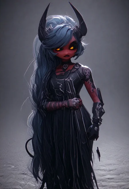 (score_9, score_8_up, score_7_up), PRSNL_3_1, HCSV1, illustration, ((cartoon)), hand drawn, ((masterpiece)), (furry art, uploaded on e621, 4k, fine details, (subtle soft details), (female), ((imp)), gloves, demon girl, (red skin mottled with white spots), imp tail, black pupils, black sclera, ((black ram horns)), short stature, 1girl, (((very long light teal hair tied into a ponytail:1.4))), dark teal highlights, ((purple slave collar)), black puffy lips, black eyeliner, ((detailed orange eyes)), ((dynamic pose)), plump, cute, beautiful, ((black sclera:1.4)), orange iris, Detailed hand, medium breasts, cleavage, curvy, pink fingerless gloves, large iris, hooves, fur on ankles around hooves, medium bulge, solo, Helldivers, in a futuristic, armored suit. The armor is predominantly dark gray with pink accents at the shoulder plates, knee pads, and boot heels, It's a sleek design with segmented plates suggesting both flexibility and protection, (cyberpunk city outskirts, cable, standing, scales, road, outcasts, black background, walking, car, horizon, decay, dystopian, cinematic lighting, vivid colors, futuristic chestplate, loincloth, covered navel, /(((holding a rifle with both hands, m41apls)))
