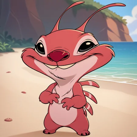 score_9, score_8_up, score_8, score_7, source_cartoon, Holio, solo, semi-anthro, alien, red and pink fur, red nose, black eyes, antennae, back spikes, overbite, full body, looking at viewer, standing, smile, sunny, beach setting,