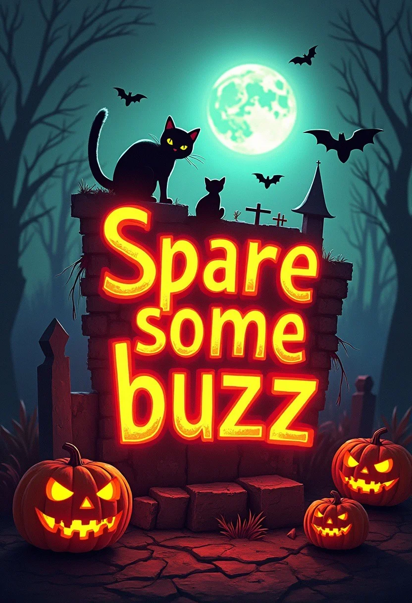 Design an electrifying Halloween scene with the words 'Spare some buzz' glowing at the center, written in a spooky yet playful font. Surround the text with classic Halloween elements like glowing jack-o'-lanterns, ominous black cats with arched backs, and fluttering bats against a dark, foggy sky. Ghostly apparitions swirl around the text, adding a sense of mystery, while a full moon shines brightly in the background, casting eerie shadows. The color palette should include deep oranges, blacks, purples, and flashes of neon green to create a dramatic, high-energy effect, with dynamic lighting emphasizing the text as the focal point. Make sure to include cobwebs and gravestones in the foreground to give a sense of depth and texture.,vibrant painting,aidmaTextImprover