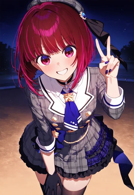 1girl, arima kana, oshi no ko, hoshimachi suisei, hoshimachi suisei \(1st costume\), cosplay, looking at viewer, smile, outdoors, night, v, masterpiece, high score, great score, absurdres