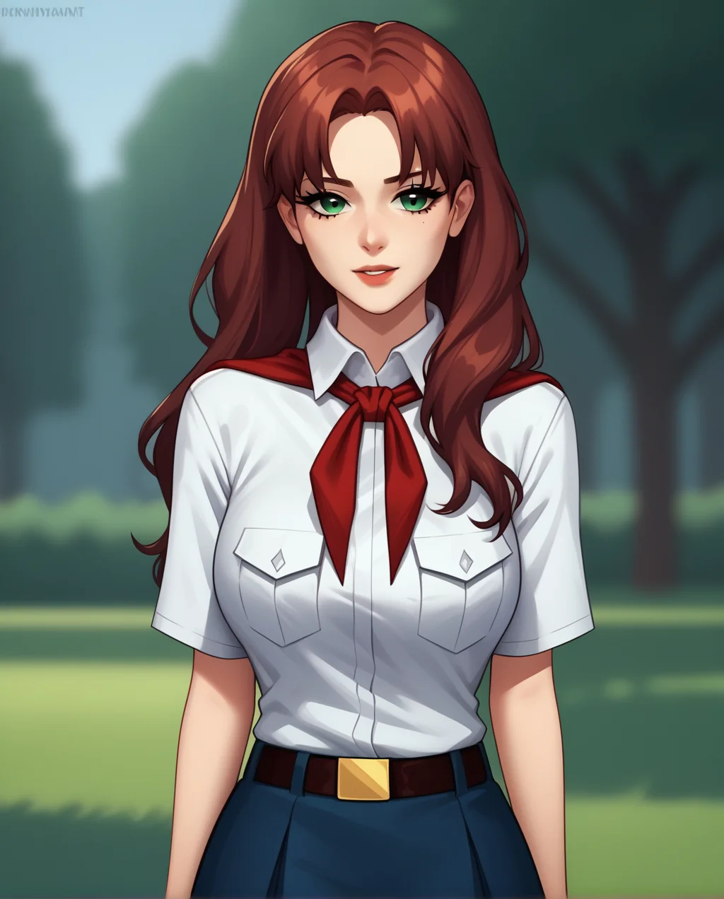 score_9, score_8_up, score_7_up, score_6_up, score_5_up, score_4_up, source_anime,
BREAK
OlgaD, white shirt, blue skirt , red neckerchief, large breasts
BREAK
park background, <lora:OlgaEverlastingSummerv3:0.8>
