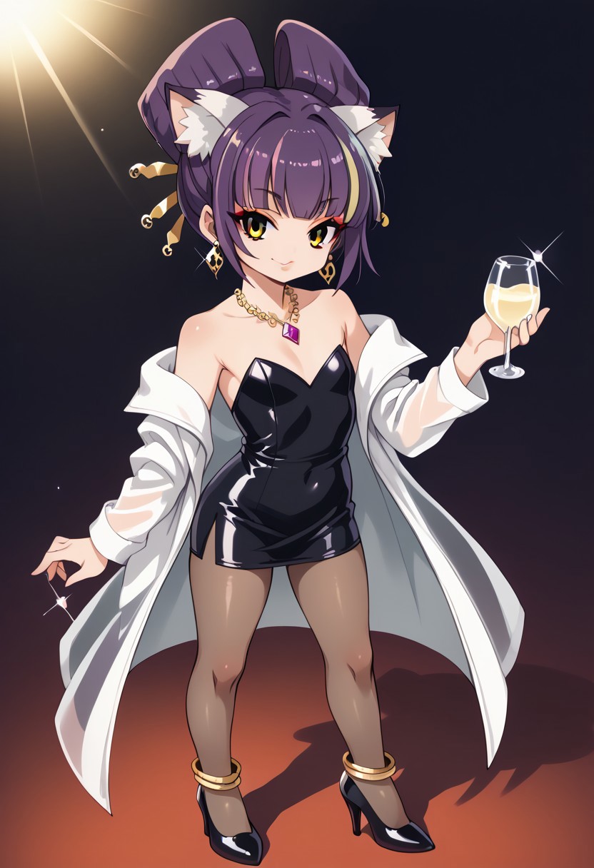 score_9, score_8_up, score_7_up, source_anime, uncensored, best quality, ((masterpiece)), 4k, fcx, fyx, phc, yuh, oya, kib, absurdres, retro style, neon signasl, nightclub, fullbody, complete body in the image, holding a bottle of wine, small body, Futanari, thin legs, round tip, <lora:long_eyelash:0.3>, long eyelashes, ultra detailed eyes, beautiful eyes, bright eyes, faint lips, very large hoop earrings, nsfw, cute smile, gold bracelets, gold anklets, saturated colors, high contrast, sultry, (sexy), dancing, ((pantyhose)), pantyhoses, streaked hair, flat chest, gyaru gal, see-through PVC large jacket, makeup, long eyelashes, glossy lipstick, mascara, blush, eyeshadow, jewel necklace, rich girl, sparkles, (glittering pastel clothing, glossy sparkling fabric), sharp focus, high heels
(1girl, darudayu))