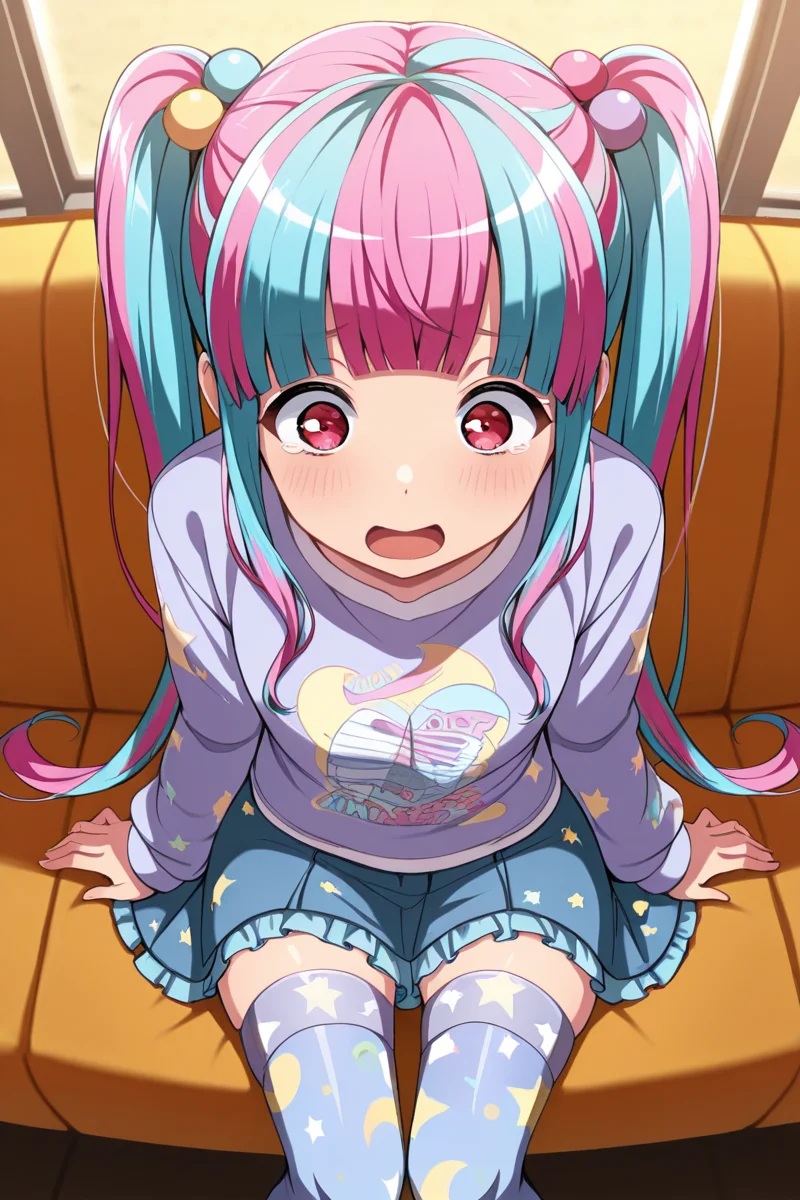 masterpiece, best quality, amazing quality,
 <lora:PAREO_IL:1> pareo, 1girl, solo, long hair, skirt, thighhighs, twintails, star print, pink hair, open mouth, multicolored hair, print shirt, hair bobbles, bangs, two-tone hair, sitting, hair ornament, casual
