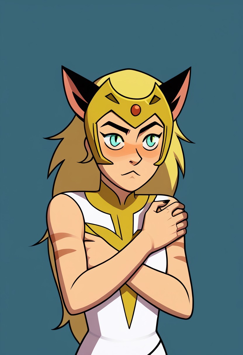 ((flat colour, solo,)) CHShRa, RAOutfit, upper body shot BREAK size difference CHCatra, CATBig Hair, hugging body, looking up at other figure, CASleeveless Outfit, CAHead Ornament,