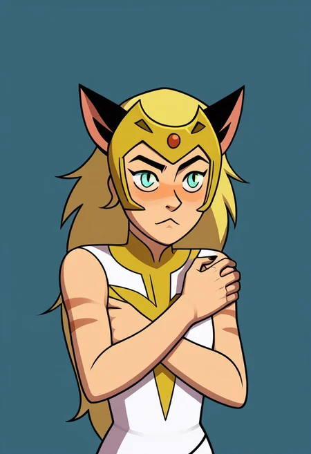 ((flat colour, solo,)) CHShRa, RAOutfit, upper body shot BREAK size difference CHCatra, CATBig Hair, hugging body, looking up at other figure, CASleeveless Outfit, CAHead Ornament,