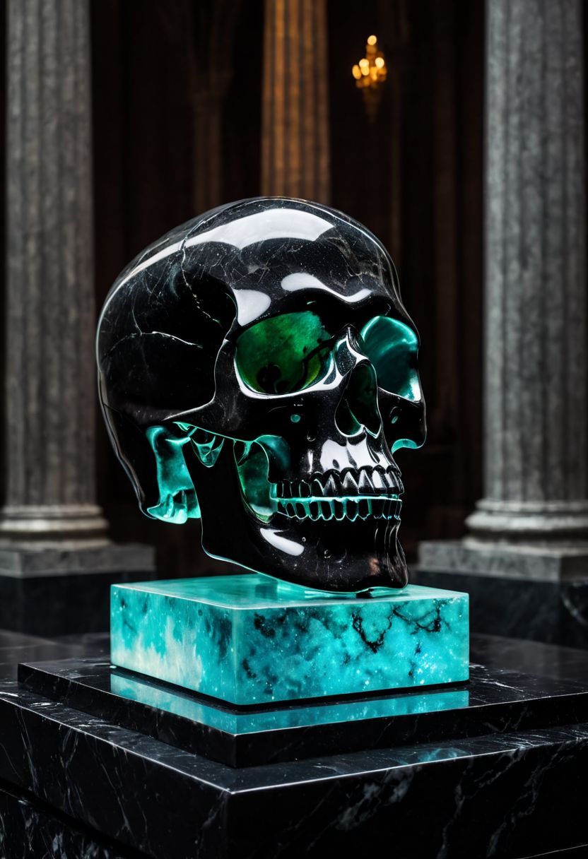 Fujifilm XT3, Sony A7 IV, (award winning photography) a (black: 0.79) marble skull made of opal set on a pedestal in temple, glistening. in the background beautiful pillars, divine (iridescent: 0.79), opalescent textures, volumetric light, ethereal, sparkling, studio photo, highly detailed, sharp focus (highest quality: 1.39) (highest coherency: 1.39) (award winning photography), highly detailed photography, (muted colors, cinematic, dim colors, soothing tones:1.2), vibrant, insanely detailed, hyperdetailed, (dark shot:1.2), (vsco:0.3), (intricate details:0.9), (hdr, hyperdetailed:1.2) (vignette), sss