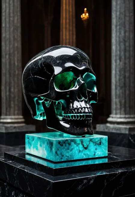 Fujifilm XT3, Sony A7 IV, (award winning photography) a (black: 0.79) marble skull made of opal set on a pedestal in temple, glistening. in the background beautiful pillars, divine (iridescent: 0.79), opalescent textures, volumetric light, ethereal, sparkling, studio photo, highly detailed, sharp focus (highest quality: 1.39) (highest coherency: 1.39) (award winning photography), highly detailed photography, (muted colors, cinematic, dim colors, soothing tones:1.2), vibrant, insanely detailed, hyperdetailed, (dark shot:1.2), (vsco:0.3), (intricate details:0.9), (hdr, hyperdetailed:1.2) (vignette), sss